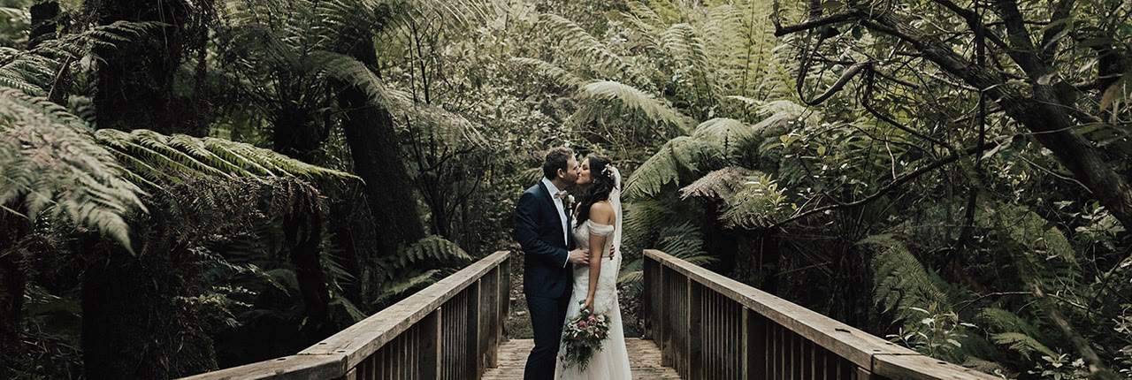 A couple on the timber bridge, surrounded by tree ferns.